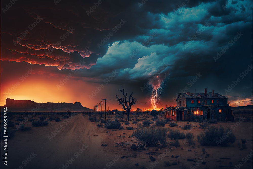 Swag_fire_raining_down_on_abandoned_ghost_town_sunset_with_stor_GENERATIVE AI