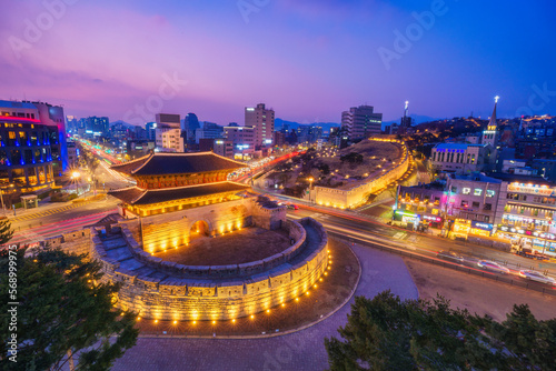 Dongdaemun Gate at night and Traffic in Seoul, South Korea. 