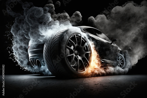 Car tires with a great profile on illuminates asphalt, smoke, wheel, car, tire, isolated, auto, tyre, black, rubber, automobile, vehicle, transportation, white, transport, object, icon, illustration, 