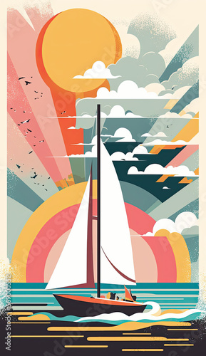 Sailing boat at sea, generative ai illustration, vertical