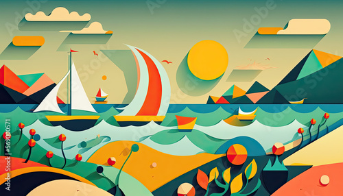 Sailing boat at sea, generative ai illustration