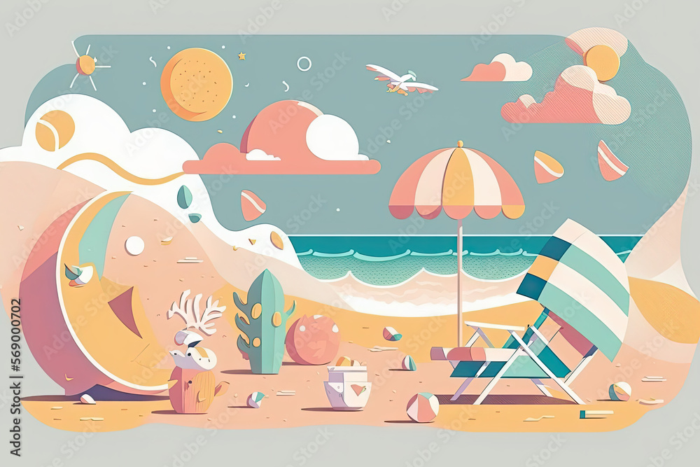 Beach in summer card illustration, generative ai illustration