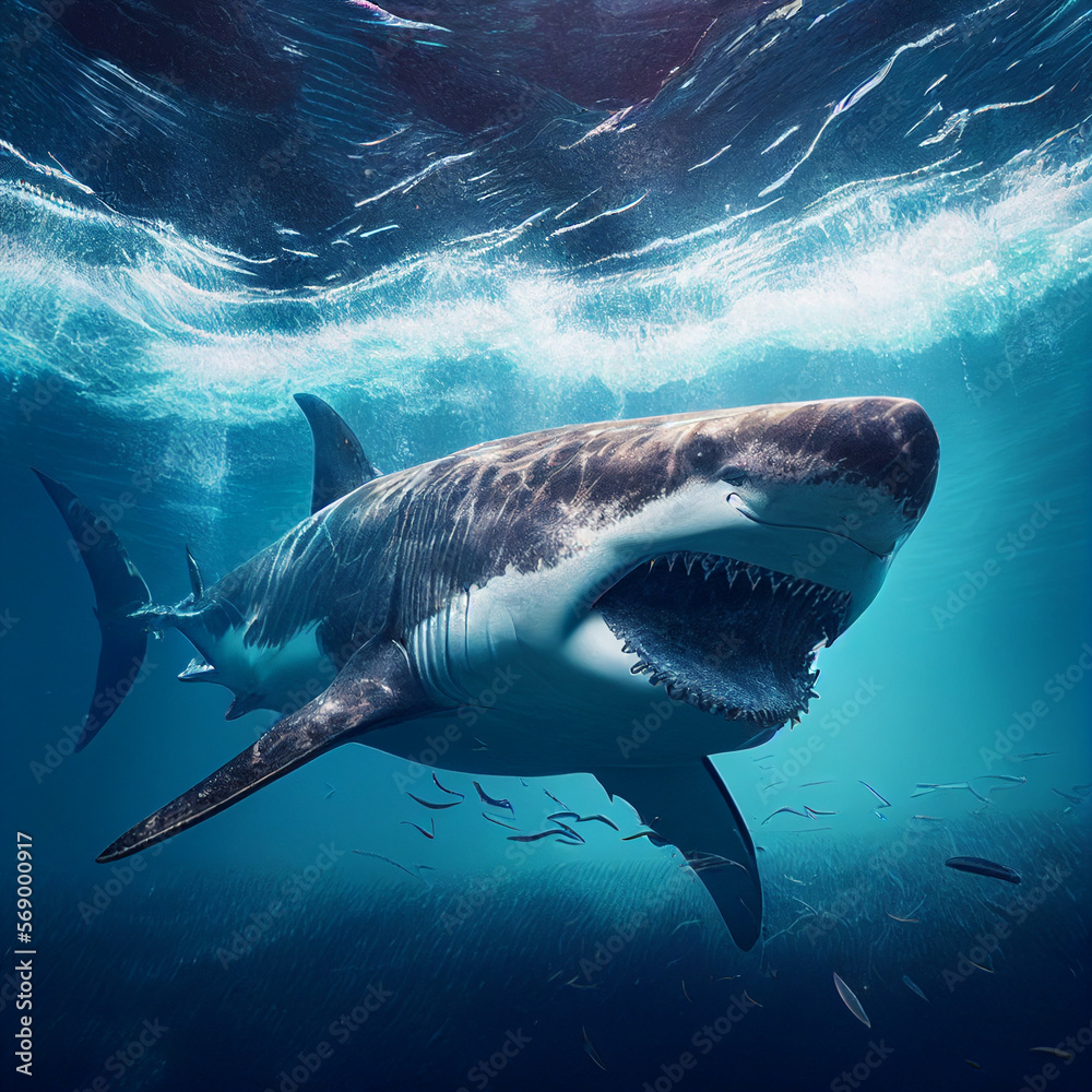 Fototapeta premium dangerous shark swims in the depths of the ocean, generative AI