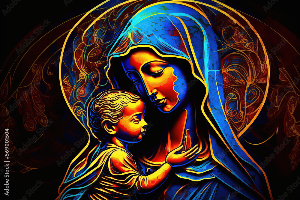 Virgin Mary holding baby Jesus, abstract art depicting Gods miracle of
