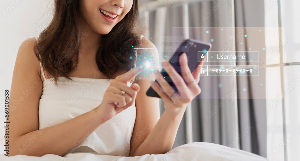 Businesswoman scanning of technology digital programs futuristic with finger scanning privacy password cyber security cloud online technology to protect client IT hologram lock icon.security internet Businesswoman scanning of technology digital programs futuristic with finger scanning privacy password cyber security cloud online technology to protect client IT hologram lock icon.security internet