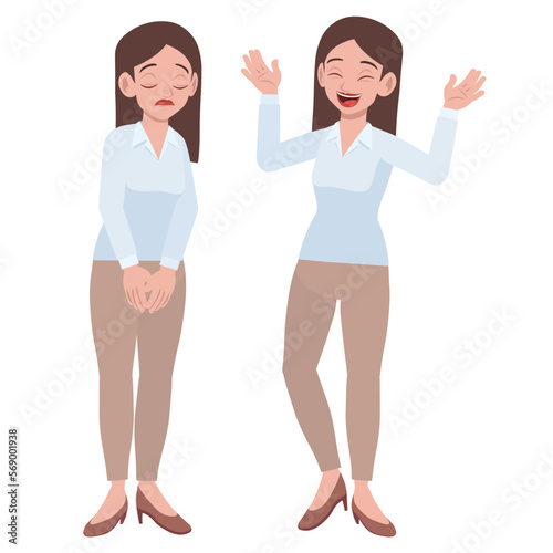 young pretty lady standing happy and sad poses