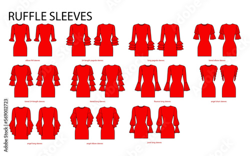 Set of Ruffle sleeves clothes frill, pagoda, tiered, flounce, angel, poet technical fashion illustration with fitted body. Flat apparel template front, back sides. Women, men unisex CAD mockup