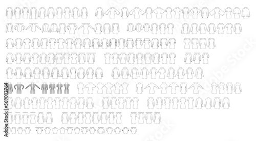 Set of sleeves - long, short, puff, knit, cowl, bell, slashed dolman, drop-shoulder ruffel leg of mutton clothes technical fashion illustration. Flat apparel template front, back sides. Women, men CAD