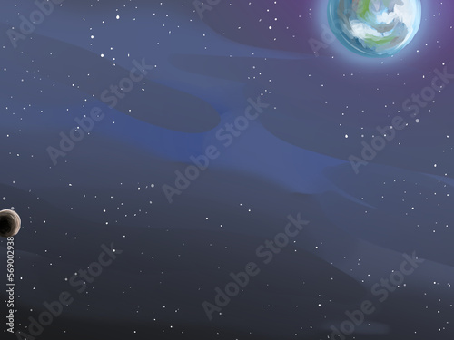 Interstellar Space with Planet and Moon Digital Illustration