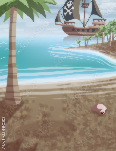 Pirate Ship Beach Palm Tree Shoreline Cartoon Background Illustration