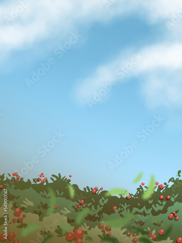 Red Berry Bush with Cloudy Blue Sky Cartoon Background Illustration