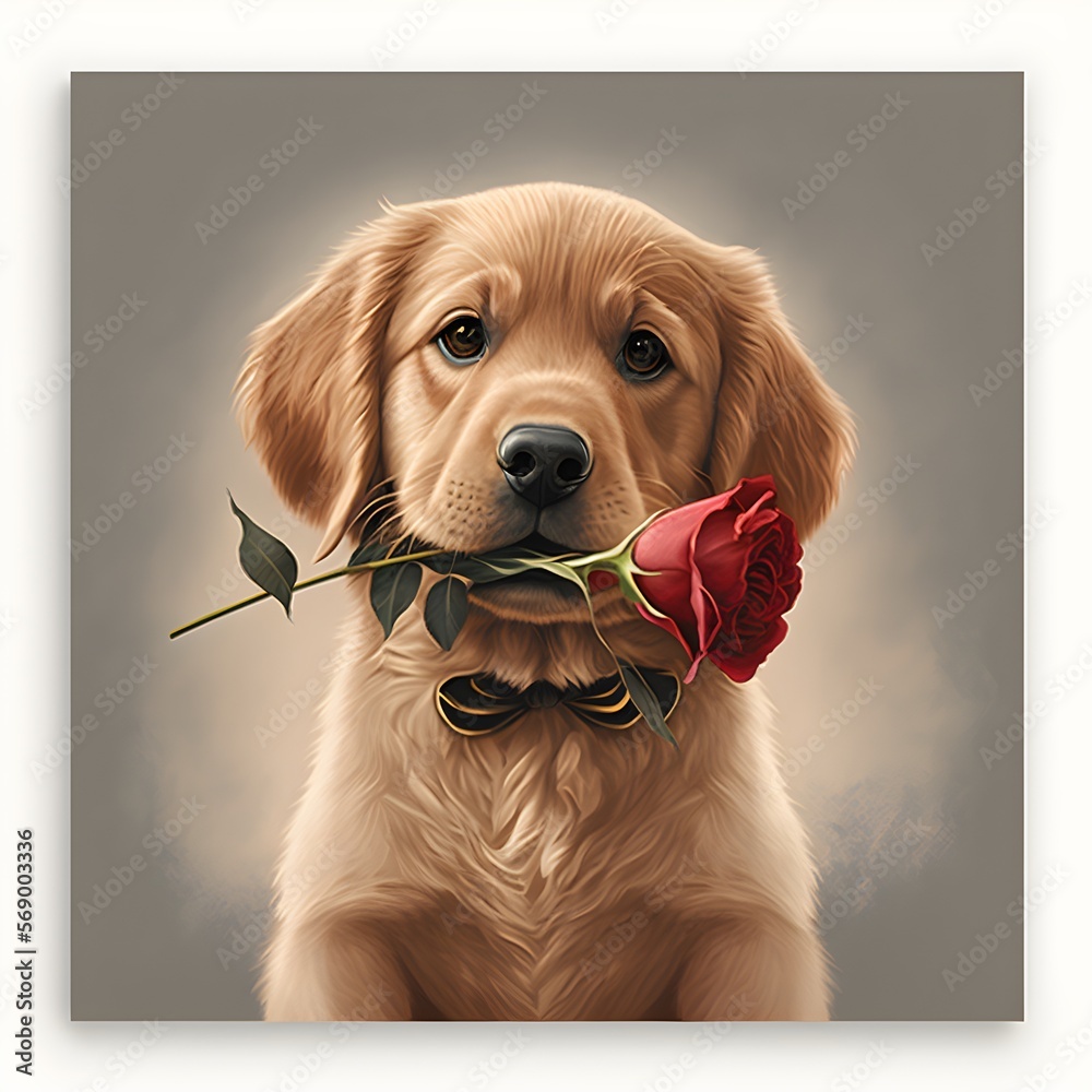 Golden retriever puppy holding a rose in his mouth. Generated using ...