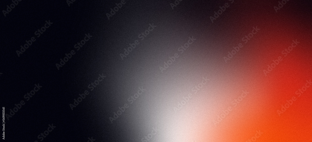 Red orange white illuminated spots on black, grainy color gradient background, noise texture effect, copy space