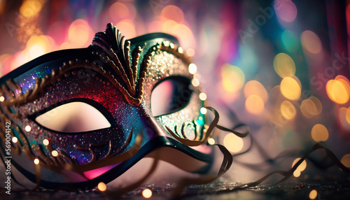 venetian carnival mask - Carnival - Venetian Mask Party - Masquerade Disguise With Shiny Streamers On Abstract Defocused Bokeh Lights