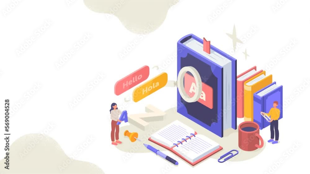 Online dictionary. Moving guy and girl students study foreign languages ...