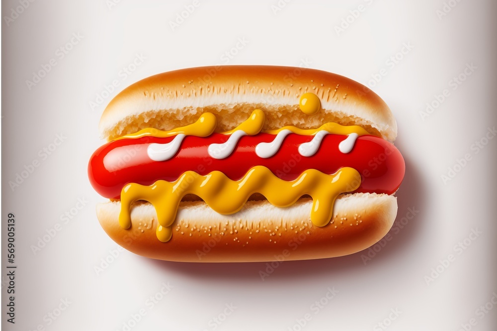 A Classic Combo: Hot Dog with Ketchup and Mustard on a White Background - Generative AI A Classic Combo: Hot Dog with Ketchup and Mustard on a White Background - Generative AI
