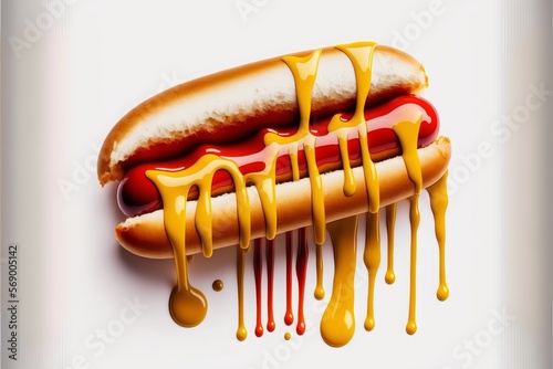 All-American Eats: Hot Dog with Ketchup and Mustard on a White Background - Generative AI