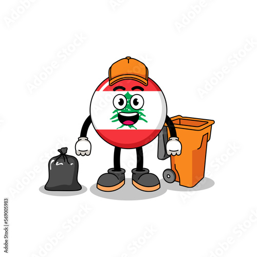 Illustration of lebanon flag cartoon as a garbage collector