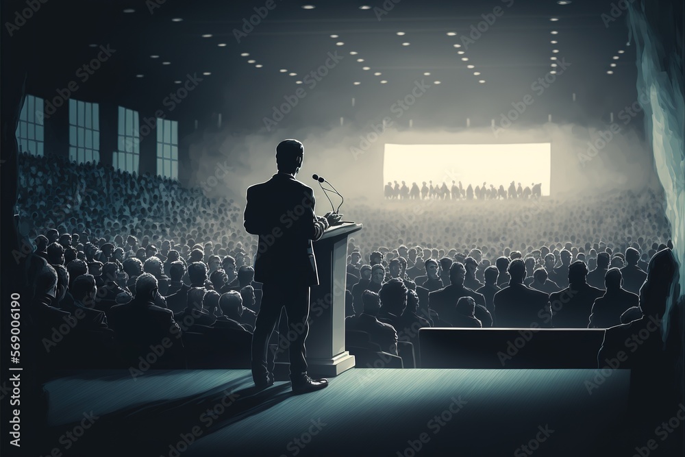 Fototapeta premium Inspiring Leadership: Dynamic Speaker Captivates Audience at Business Conference