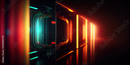 Ultra-wide Desktop Background image of neon light rays with flares and reflections, ai generated