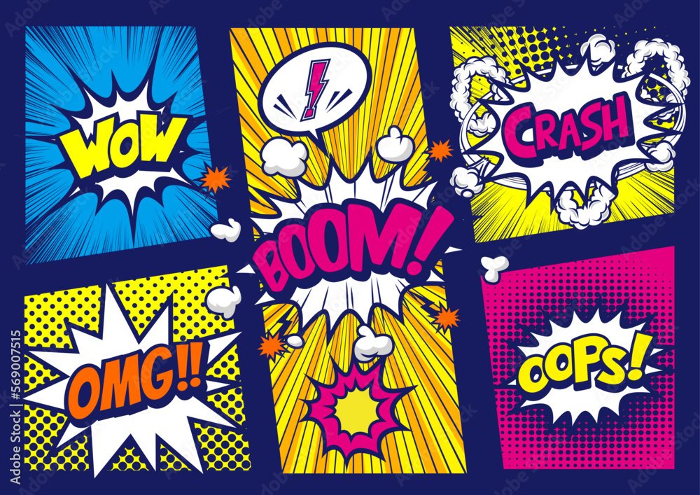 Fototapeta premium アメコミ風コマ割り素材 Retro pop art comics book magazine, speech bubble, balloon, box message
