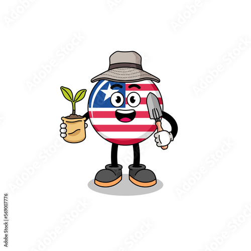 Illustration of liberia flag cartoon holding a plant seed