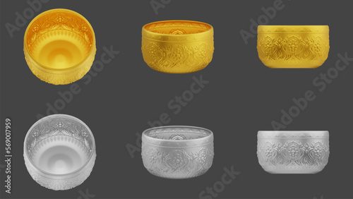 set of element of gold and silver bowl from image traced 3d. songkran festival thailand travel.