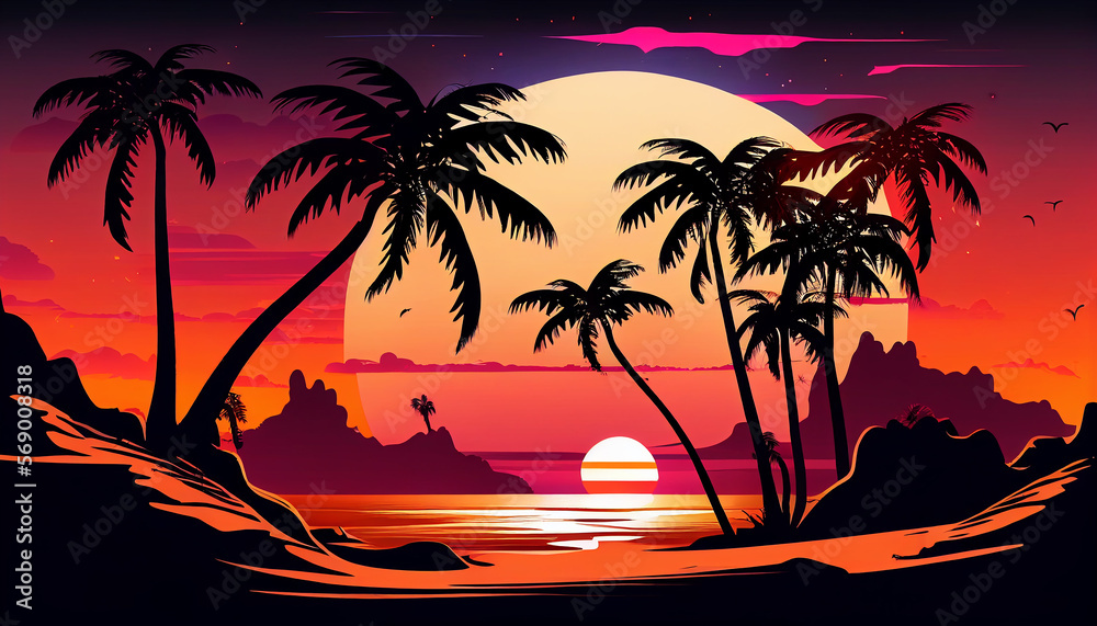 Summer landscape background with sunset beach scene. Generative AI. Beach accessories on sandy - summer background