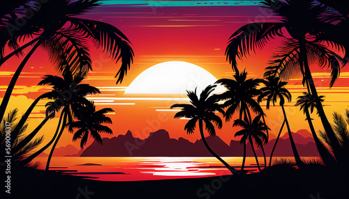 Summer landscape background with sunset beach scene. Generative AI