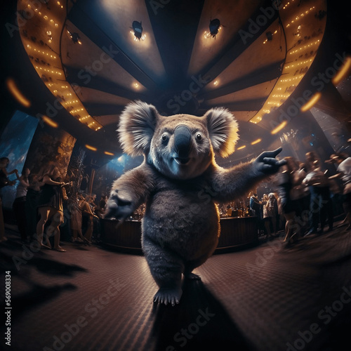 Koala Influencer. Photograph of Koala dancing at a nightclub. Illustration