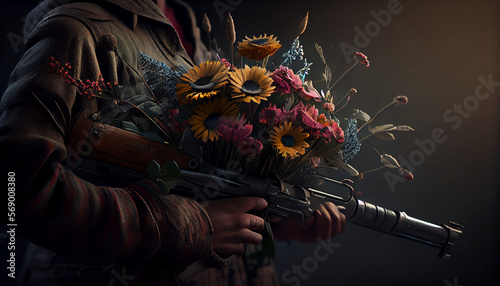 Guns firing flowers in the hands of a soldier. Disarmament, antiwar, pacifism concept