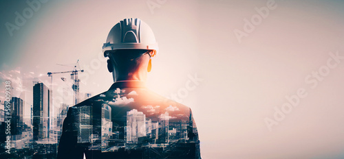 illustration digital building construction engineering with double exposure graphic design. Building engineers, architect people or construction workers working.Generative AI.