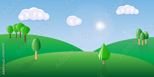 Bright rustic scenery. Picturesque sunny view with 3d green hills  clouds and trees on horizon on blue sky background. Simple cute cartoon landscape. Children nature composition