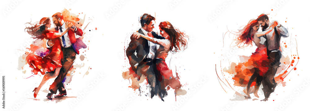 Passionate dance in watercolor style isolated on white background. Man and woman dancing tango. Tango watercolor dance illustration. Ideal for postcard, advertisement, book, poster, banner. Vector  - obrazy, fototapety, plakaty 