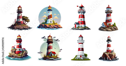 Cartoon set of sea lighthouses. A tower with a searchlight on the shore for maritime navigation in white with red stripes, a signal of hope for port ships, a maritime safety landmark. Vector