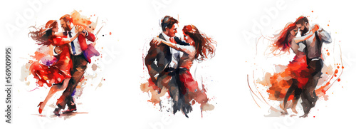 Passionate dance in watercolor style isolated on white background. Man and woman dancing tango. Tango watercolor dance illustration. Ideal for postcard, advertisement, book, poster, banner. Vector  © marikova