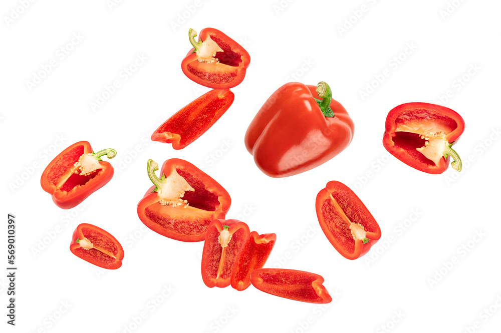 Falling red peppers isolated on white background. Falling red peppers isolated on white background.