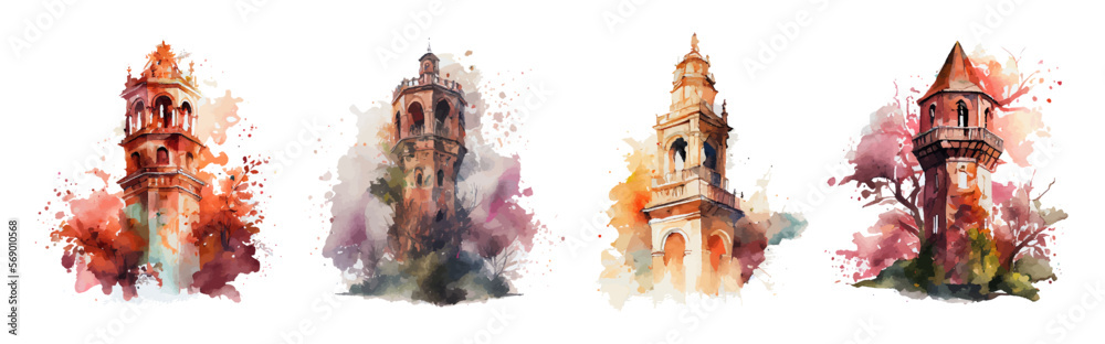 Naklejka premium Colorful set of towers in watercolor style isolated on white background. Watercolor tower illustration. A tower with windows like from a fairy tale. Ideal for postcard, book, poster, banner. Vector