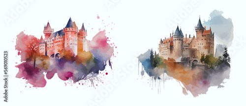 Colorful castles in a watercolor style isolated on a white background. Fairytale historical castle. Watercolor castle illustration. Ideal for postcard, advertisement, book, poster, banner. Vector