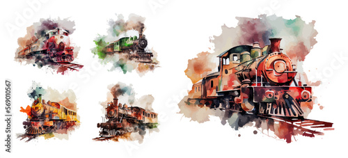 Fotografia Retro train set in watercolor style isolated on white background