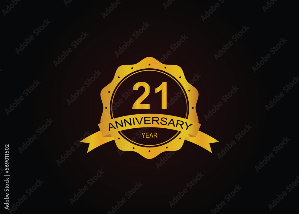Fototapeta premium 21th golden anniversary logo with ring and ribbon.