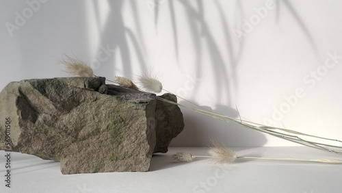 Stone podium on beige background and palm shadow. Product promotion. Beauty cosmetic showcase.