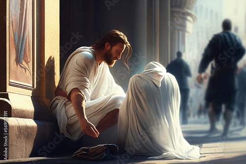 Jesus Christ talking on the street with a man on the ground