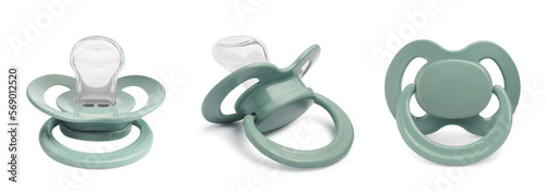 Collage of pale green baby pacifier on white background, views from different sides photo