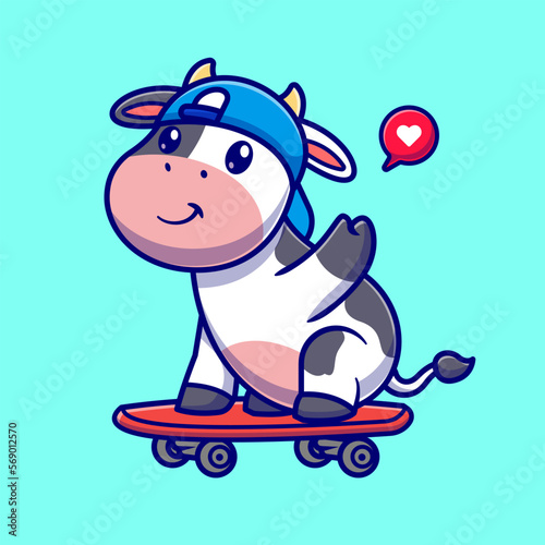 Cool Cow With Skateboard Cartoon Vector Icon Illustration. 
Animal Sport Icon Concept Isolated Premium Vector. Flat 
Cartoon Style