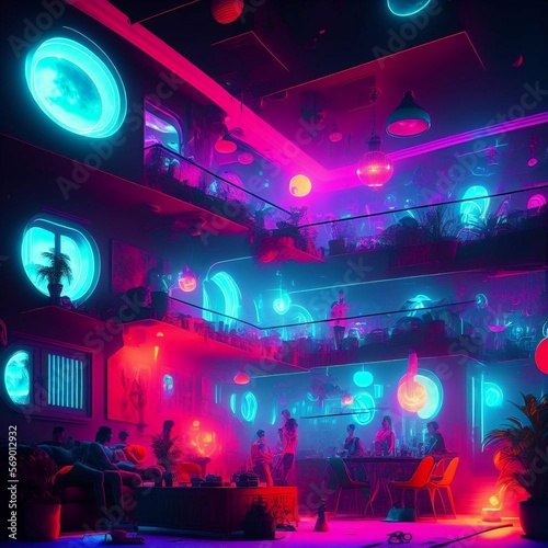 concept art party in modern house at sci-fi neon city , generative art by A.I.