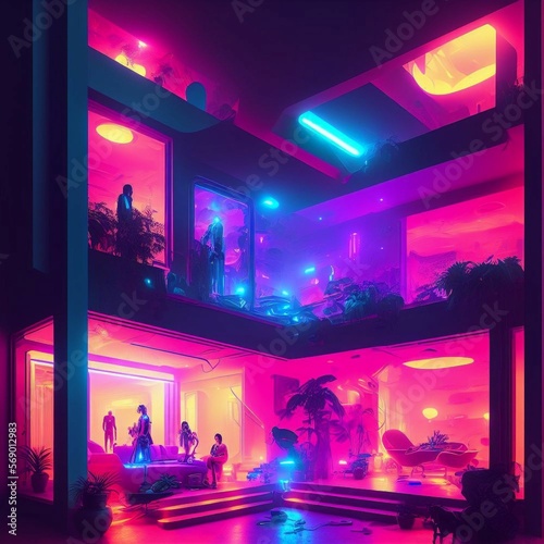 concept art party in modern house at sci-fi neon city , generative art by A.I.