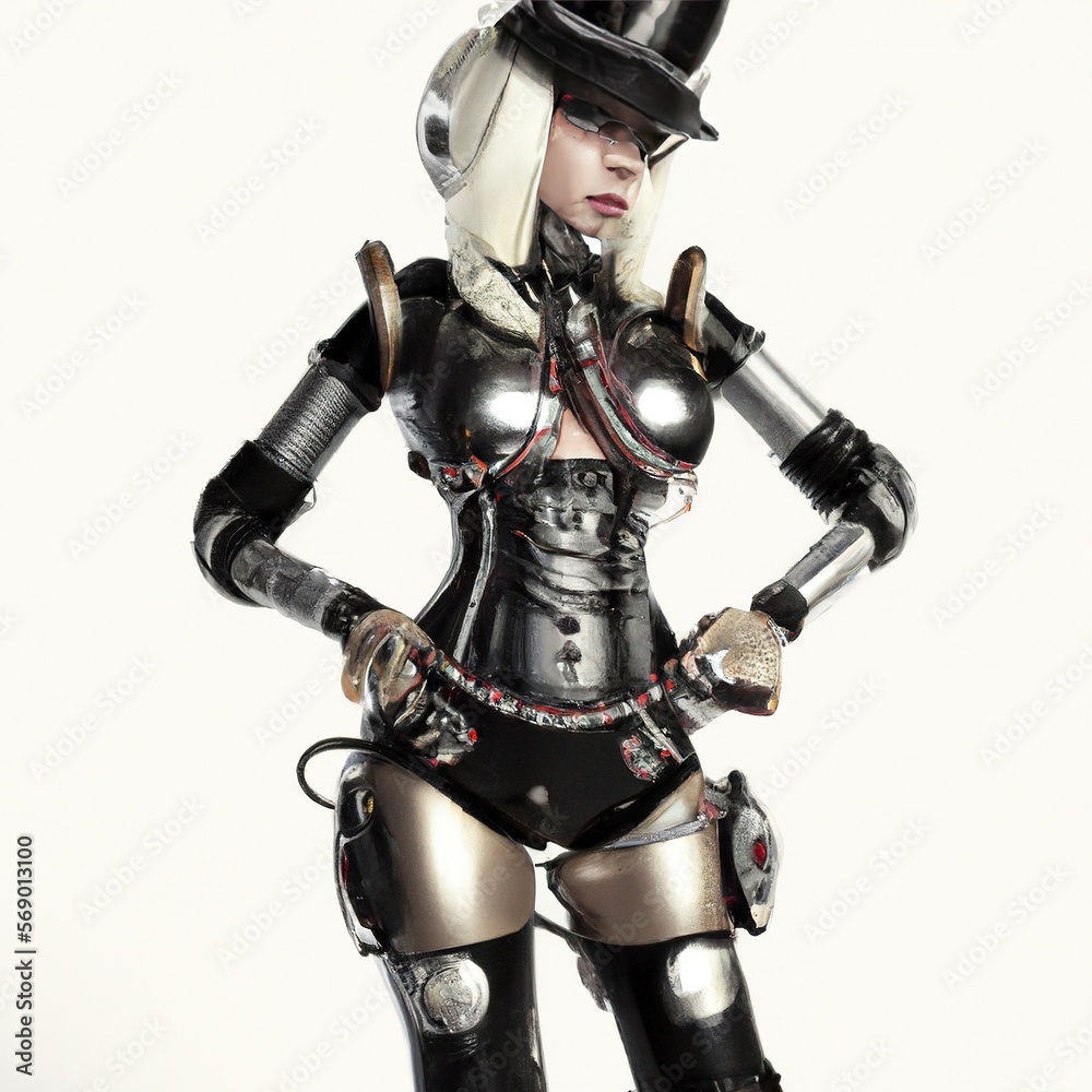 Fototapeta premium Portrait of a bautiful female cyborg robot with hands on hips. Isolated on a white background. Generative AI art painting sci-fi illustration. 