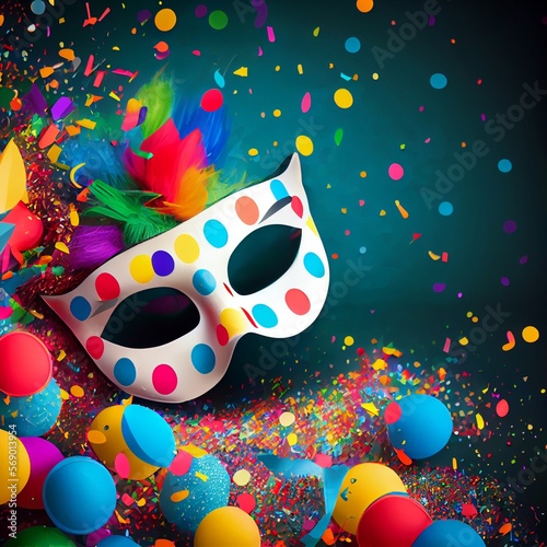 Carnival background with mask, serpentine and confetti. Happy Purim realistic festive party composition. Generative AI