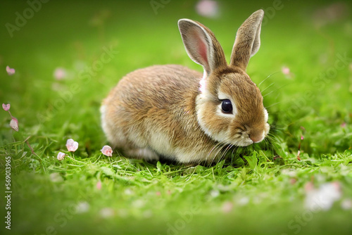 cute little bunny is sitting on a colorful meadow, generative AI © Paulina